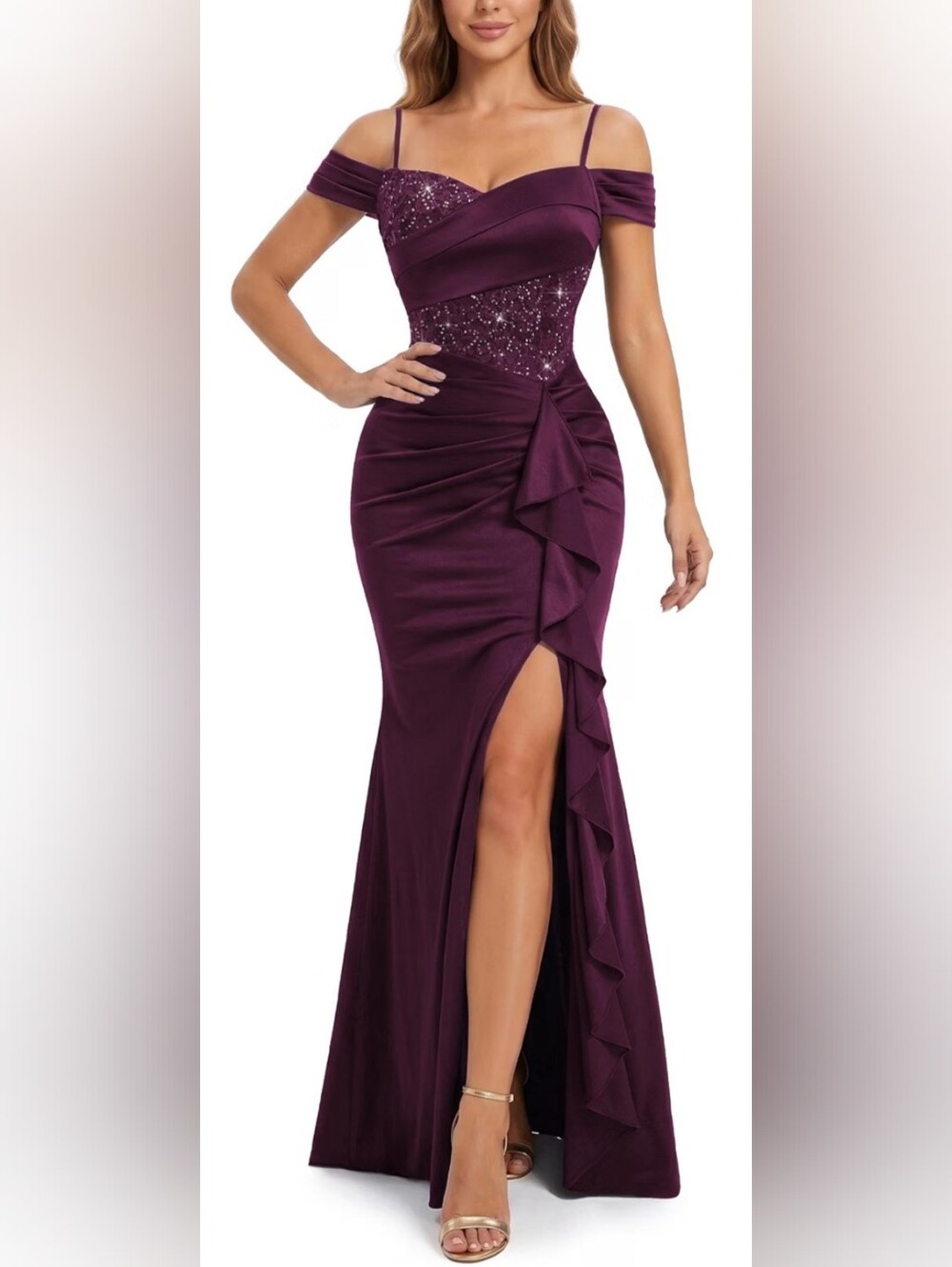 NWT Plum Sequin Off Shoulder Formal Maxi Gown Ruffle Slit Size Large